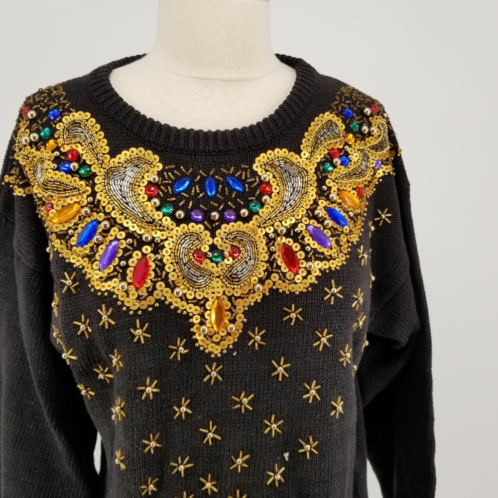 Vintage womens sweater gold sequins black Small - Picture 1 of 7